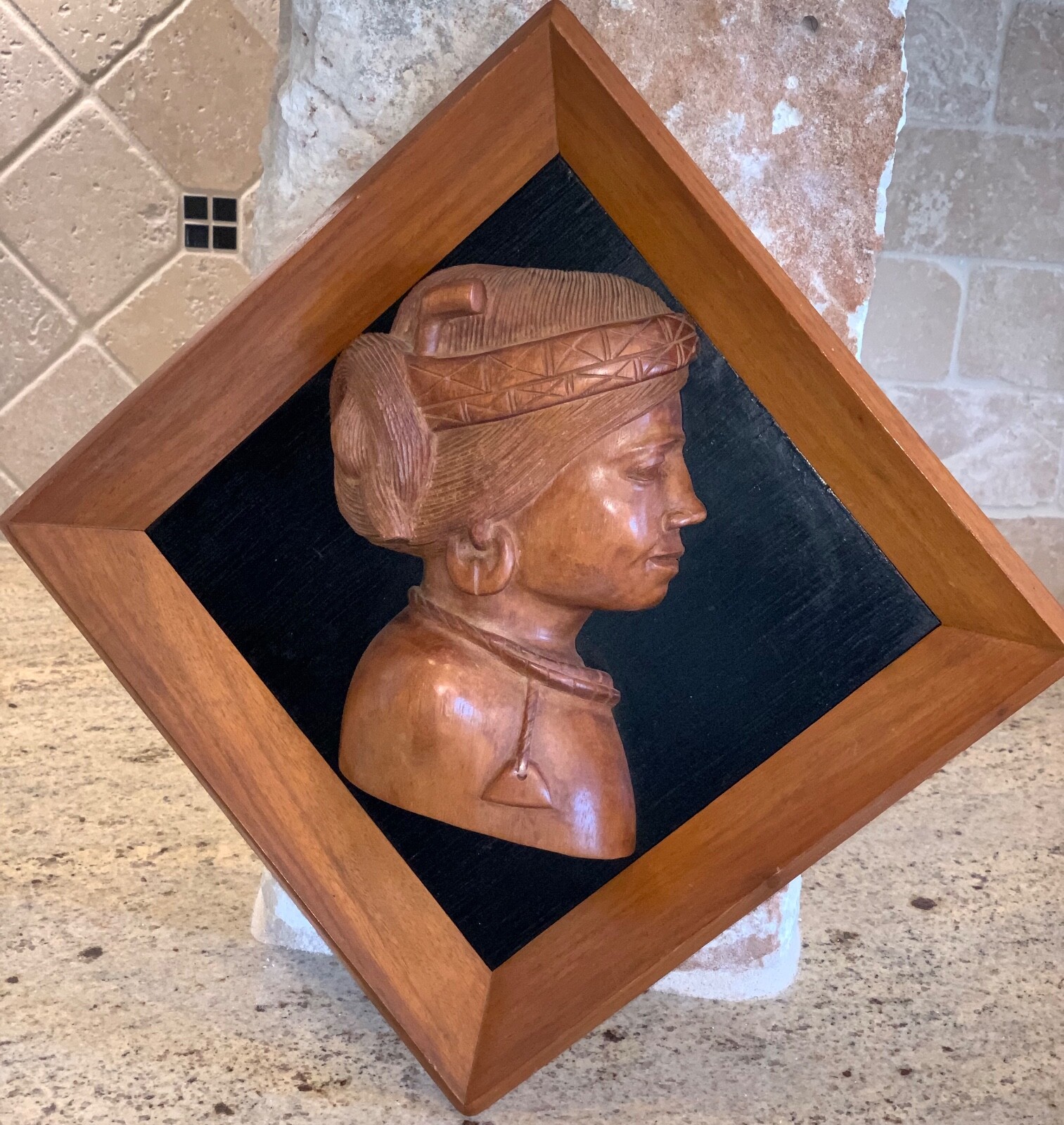 Vintage Wall Plaque African Indian Wood 3D Carved Beads Woman Portrait Lot