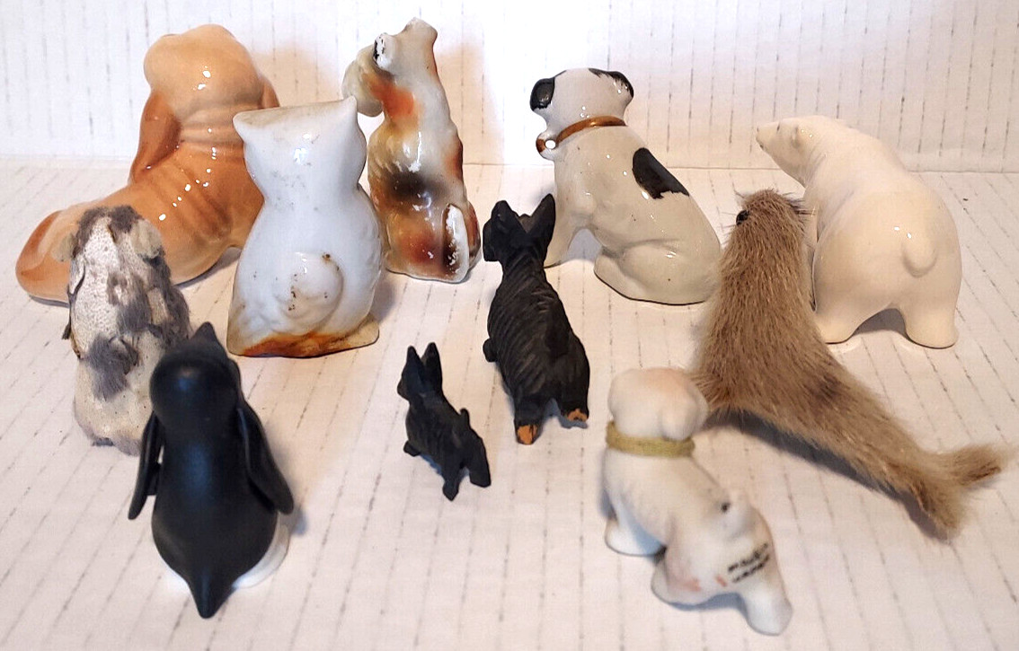 11 Vintage Animal Figurines Dogs Polar Bear Penguin Seal Porcelain Wood Faux Fur