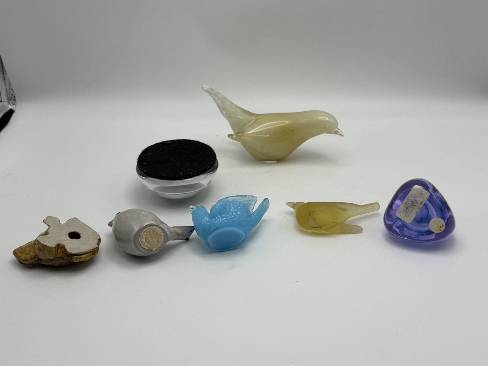 Lot of 7 Art Glass Bird Figurines Paperweights Satin Glass Stone Frog Shell