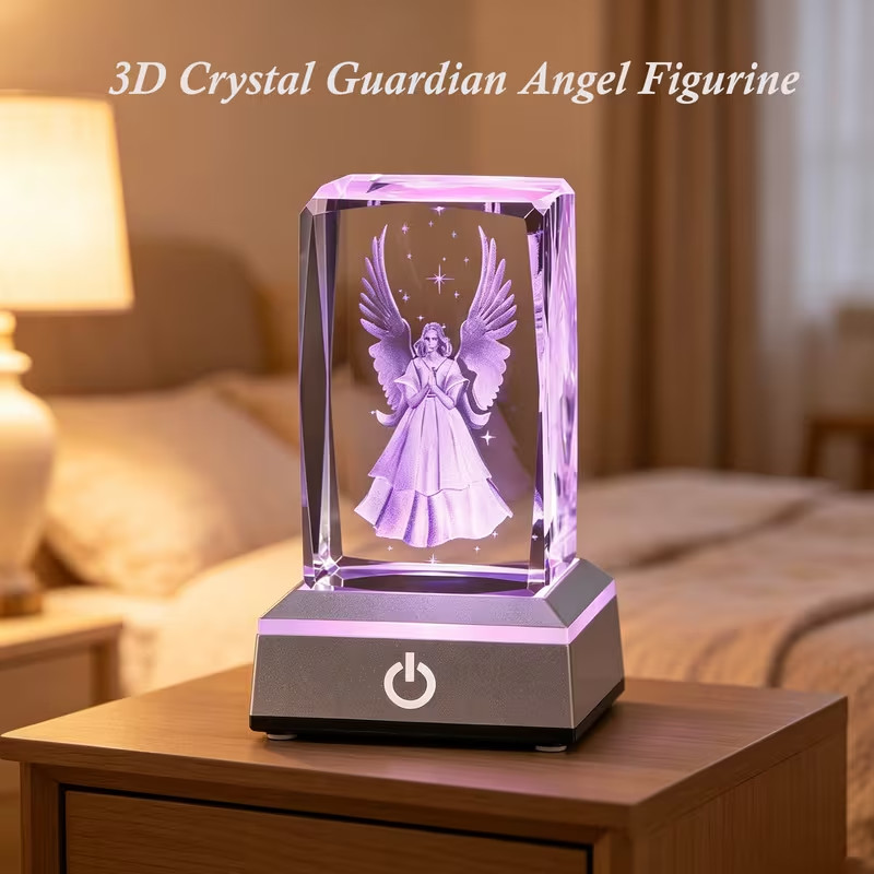 3D Crystal Guardian Angel Figurine with Colorful Light Base Laser Engraved