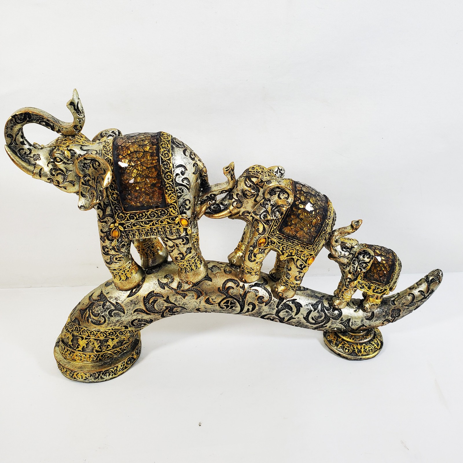 Elephant Family Figurine Decorative Statue Gold Silver Black Ornate Home Decor