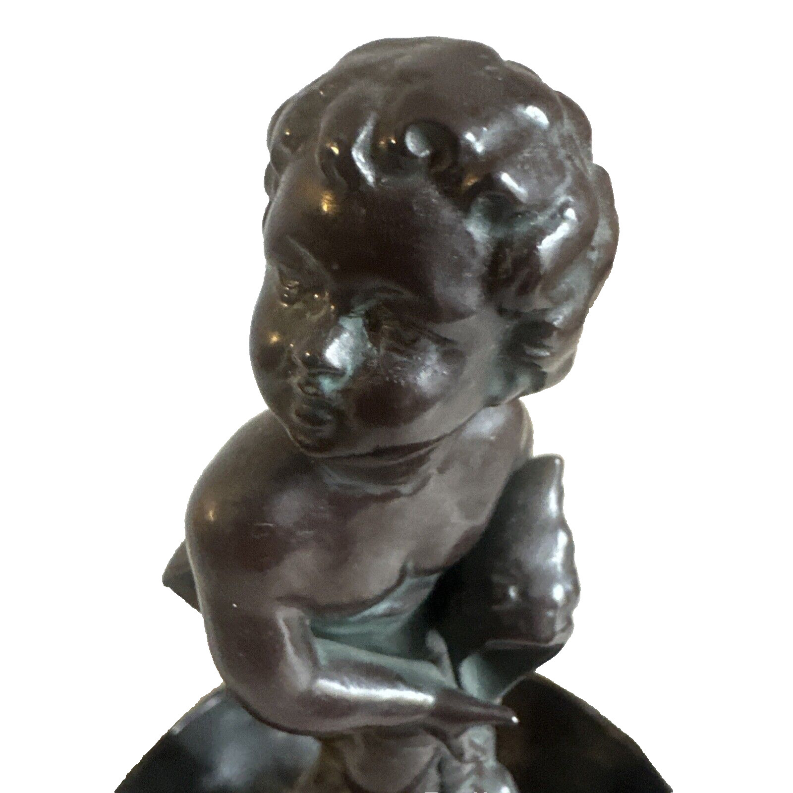 VTG Ceramic Cherub Boy with Shell Figurine Weighted Stand Bronze Color 9″ Tall