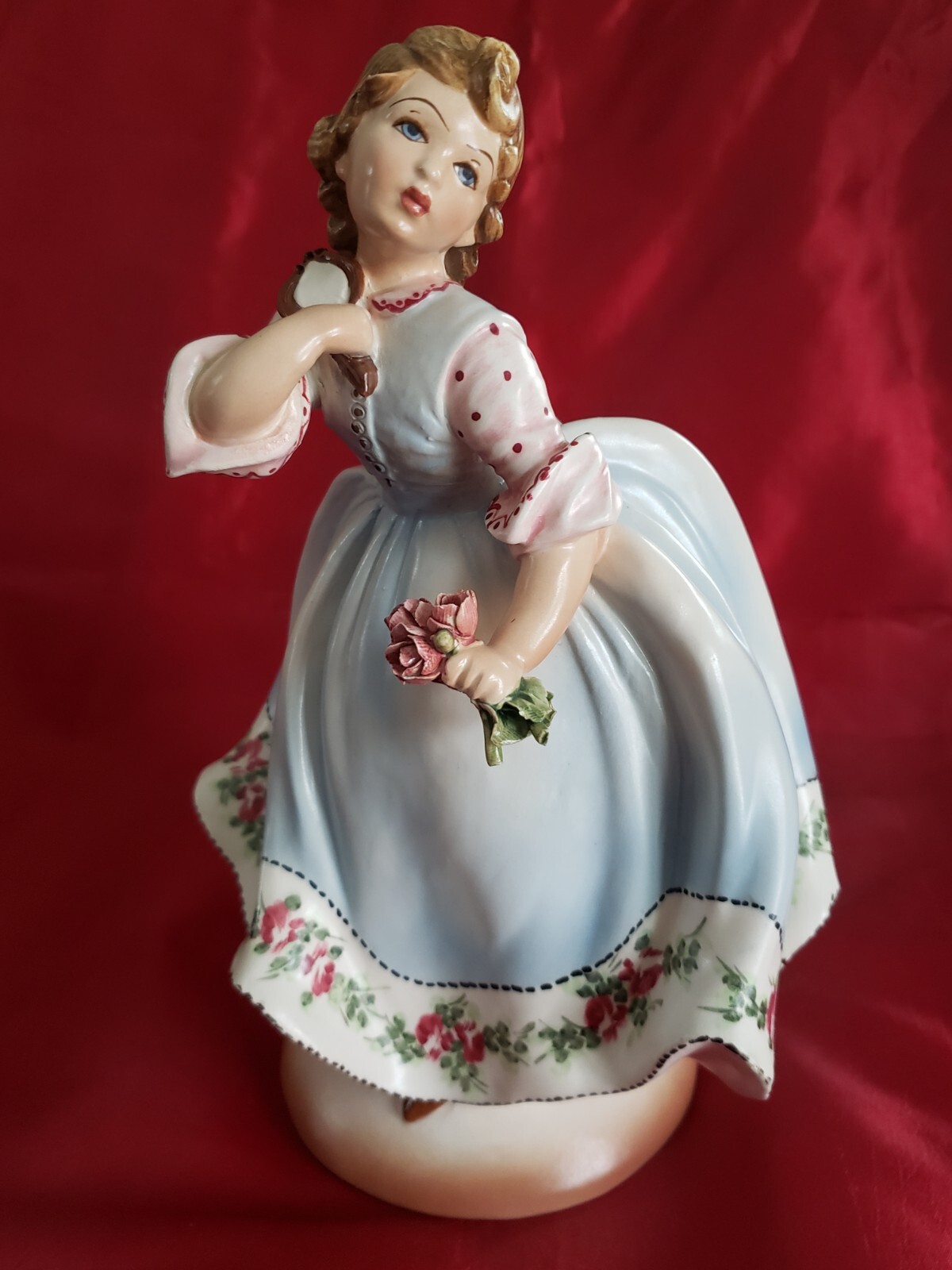 Porcelain Signed Girl Figurine with Mirror and Flowers 10.5″ Tall Made in Italy