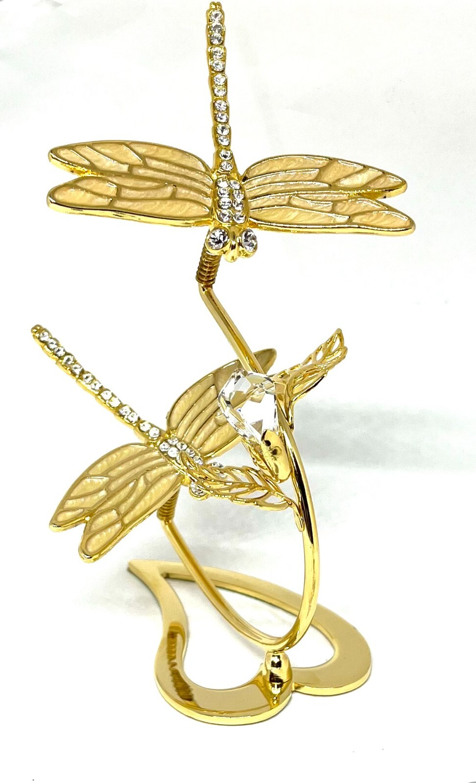 24K Gold Plated with Austrian Crystals Dragonflies on Heart Stand 5 Inches