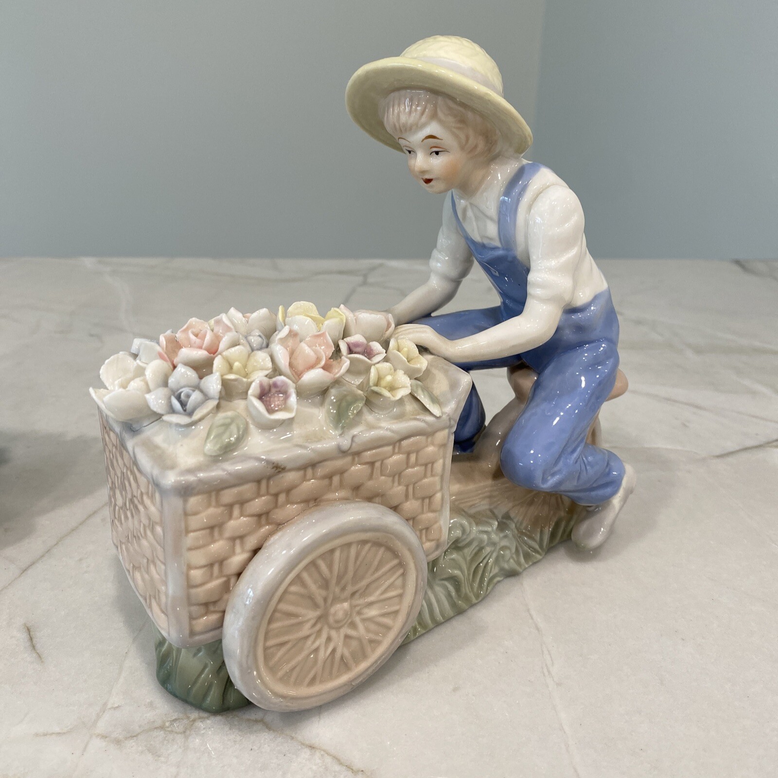 2 Vintage LENWILE ARDALT Boy & Girl with Flower Carts handmade 7″ figurines