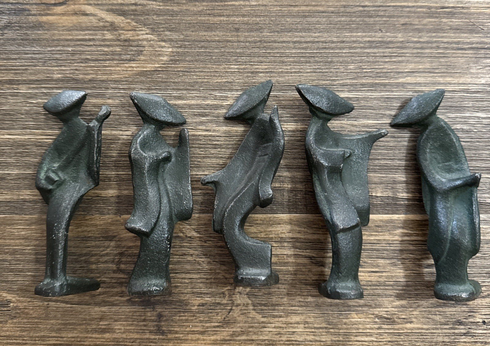 MCM Cast Iron Geisha Bon Odori Musician Dancer 4″ Figures Green Patina Lot Of 5
