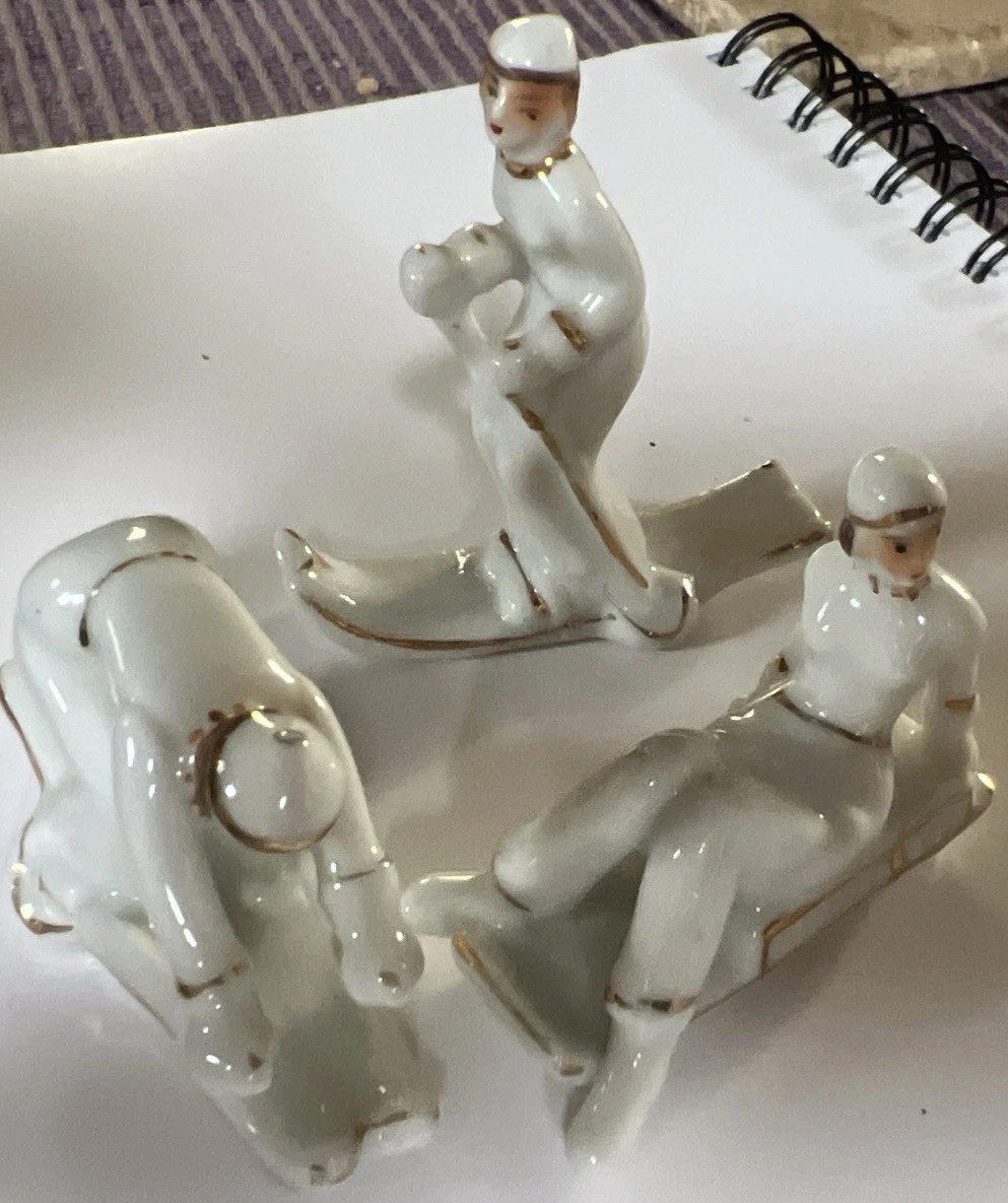 3 Vintage Japanese Porcelain Lady Skiers And Sledder Figures Set w Gold Trim