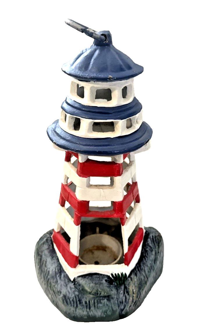 VTG Cast Iron Lighthouse Candle Holder Door Stop 10.5” H Wht,Red Stripe Nautical