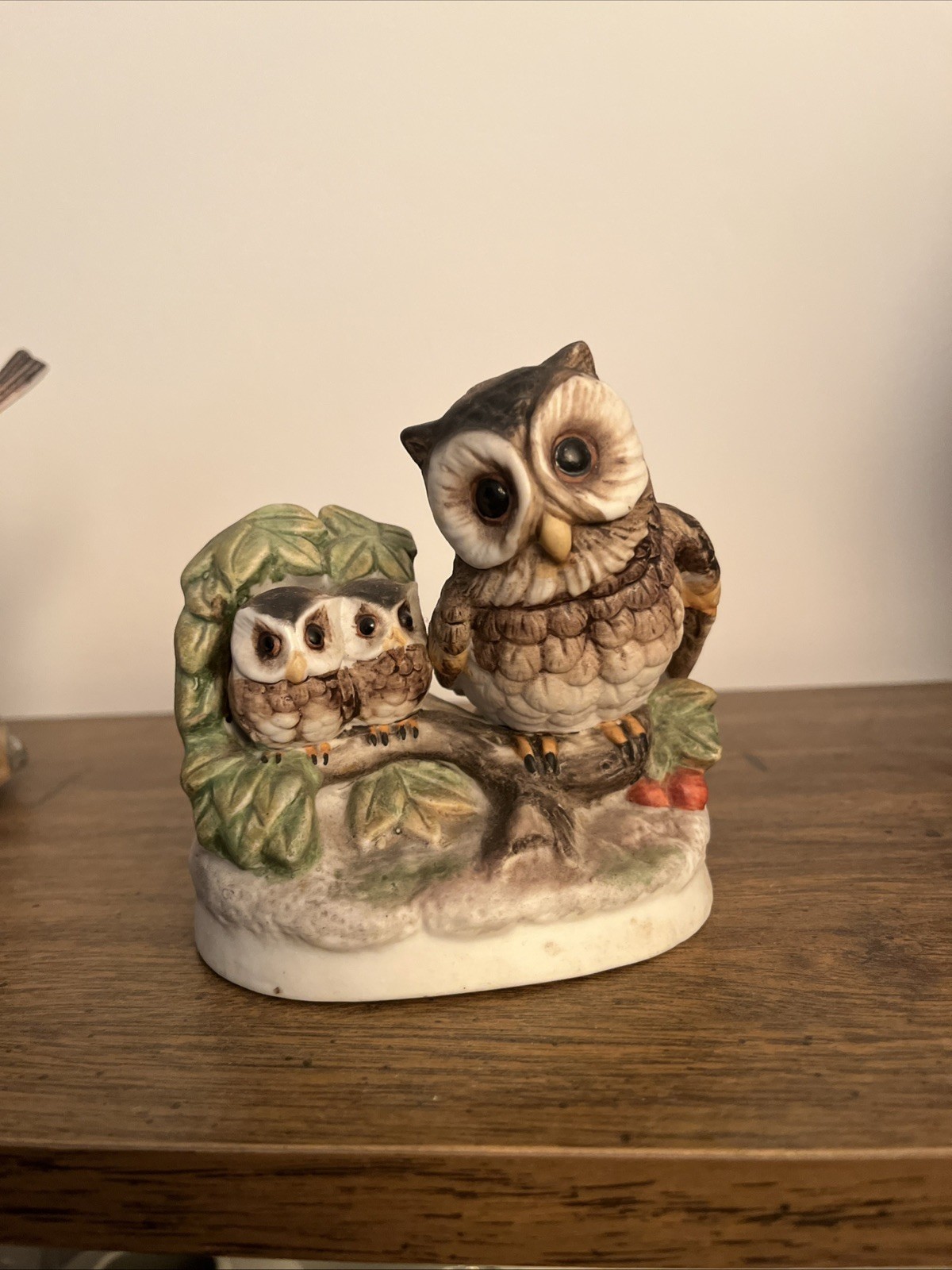 Homco 1970s Figurine Owl Family Mom Owlets Tree Branch Poreclain #1298