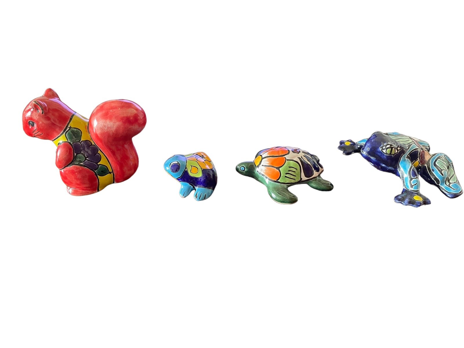 Mexico Talavera 4 Figurines Squirrel Turtle Frogs Bright Colors Blues Reds Green