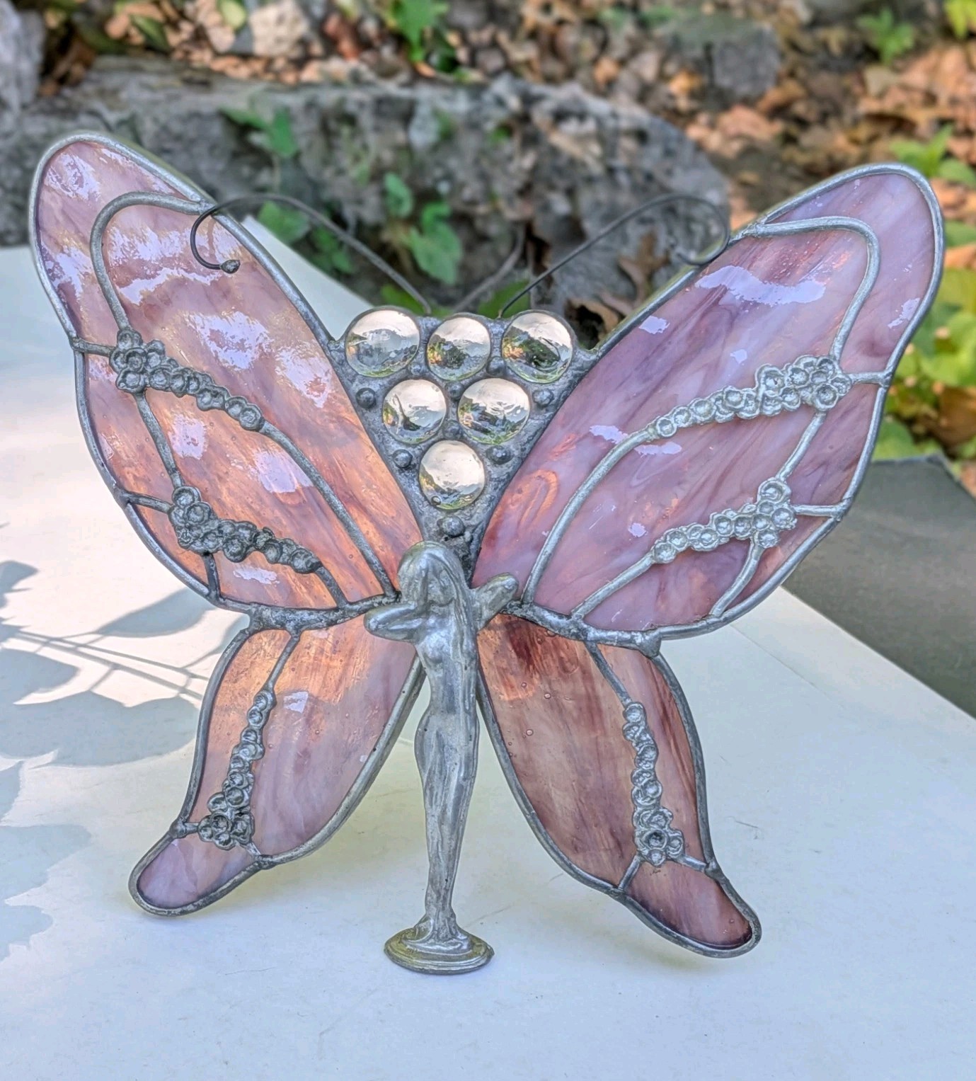 PINK Stained Glass Female Butterfly Lady Figure Candle Holder Art Nouveau AS IS