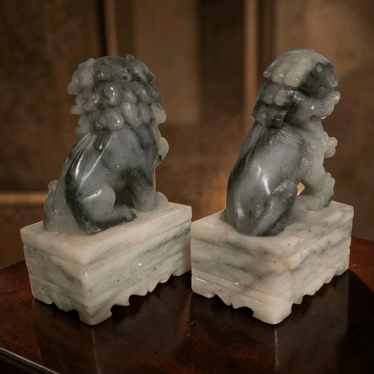 Chinese Pair Of Gray Marble Carved Soapstone Foo Dogs Guardian Lion Bookends 4″