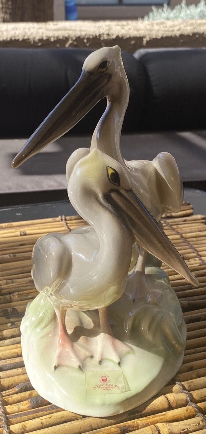 Keramos Wien Austria Signed Royal Belvedere Porcelain Pelicans Vintage Figurine
