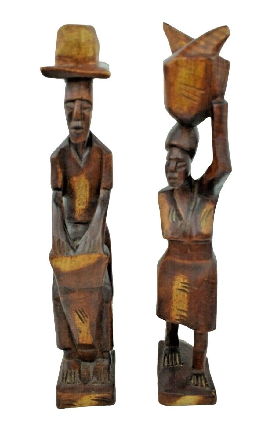 Vintage 13.5 inch Hand Carved Wooden Folk Art Couple Figures Sculpture Pair