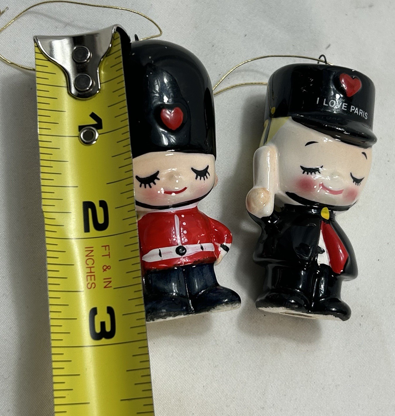 Vintage Paris Guard Soldier Figurine Ornaments Set of Two Black Hat Red Coat