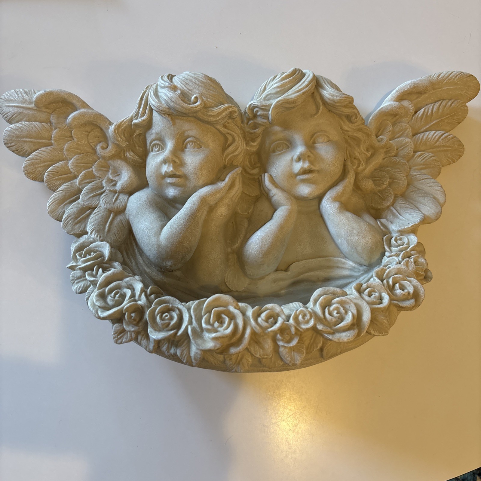 VTG 17” PLANTER 2 HEAD CHERUB ANGEL WINGS WALL POCKET WITH WALL HANGERS