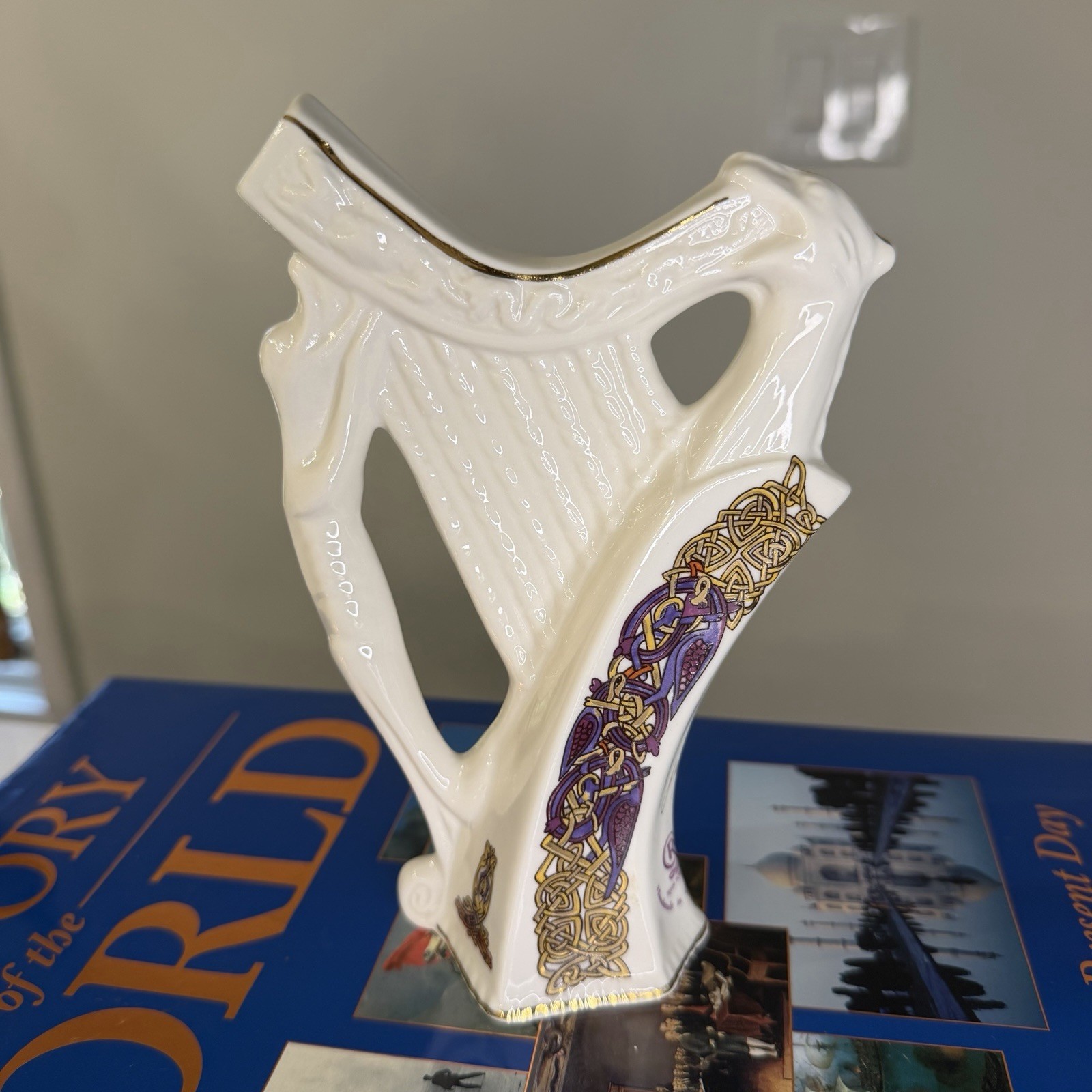 Vintage CRE Irish Porcelain Harp Figurine White With Purple And Gold