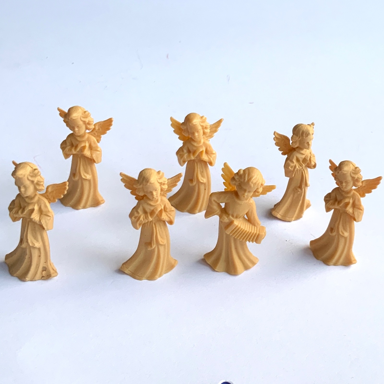Vtg Germany Set of 7 Beige Hard Plastic Angel Figurines Christmas 1 3/8”