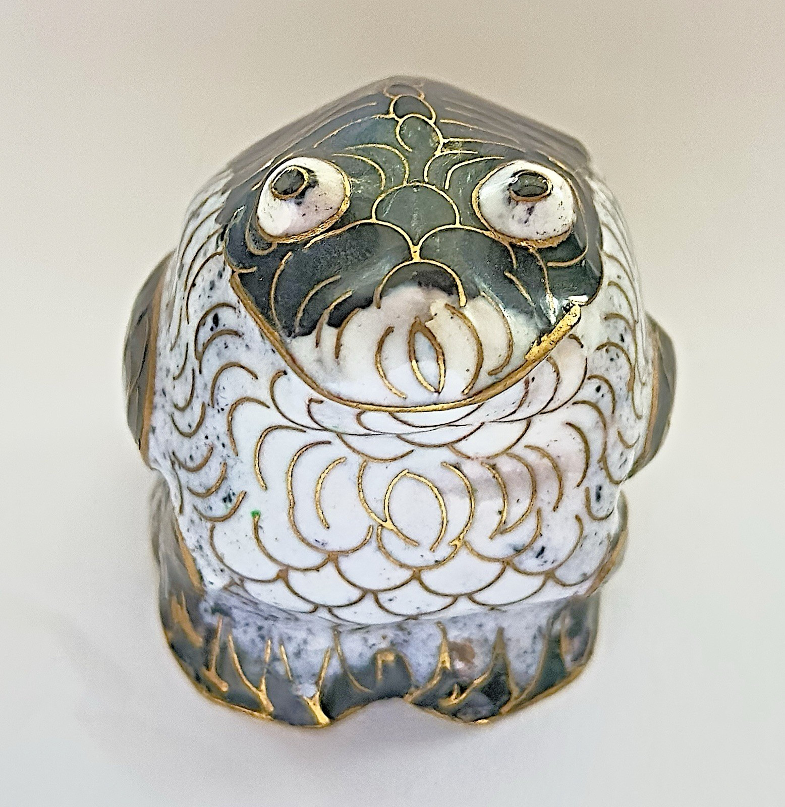 Vintage Cloisonne Cute Puffer Fish Figurine Black White Gold Enamel Miniature
