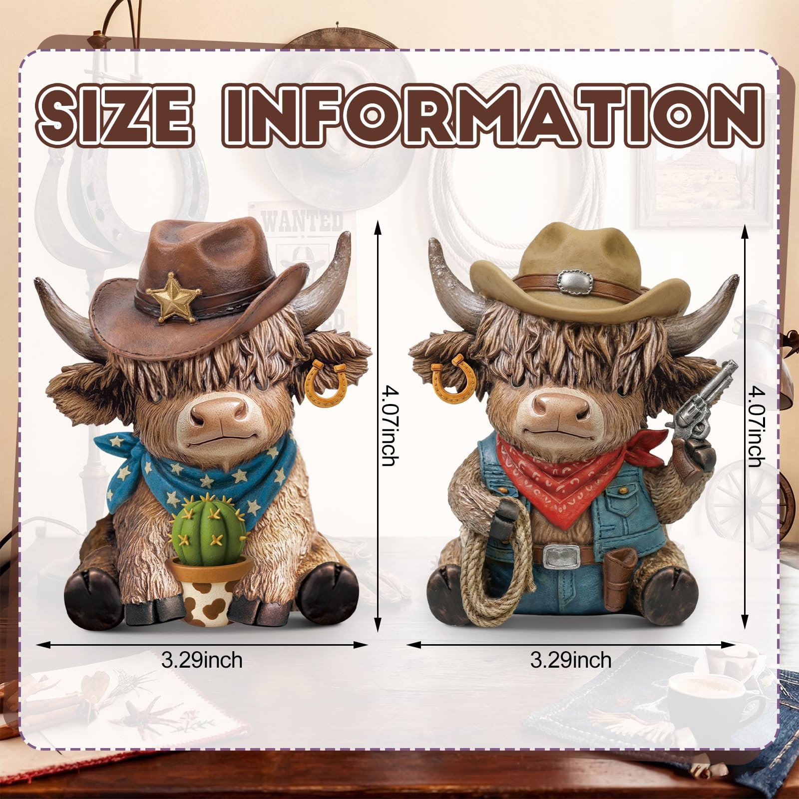 2 Pcs Cowboy Highland Cow Figurines, Western Resin Statue Set for Country and…