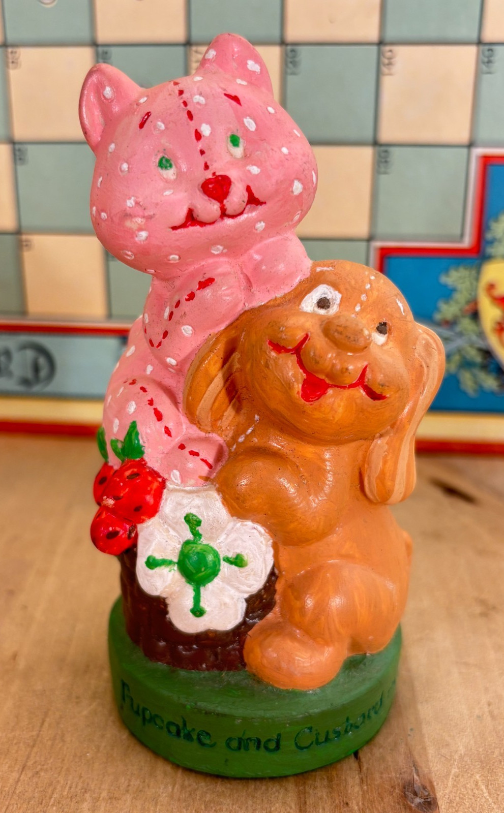 Vtg Strawberry Shortcake Custard Cat Pupcake Dog Hand Painted Rubber Figure, 5″