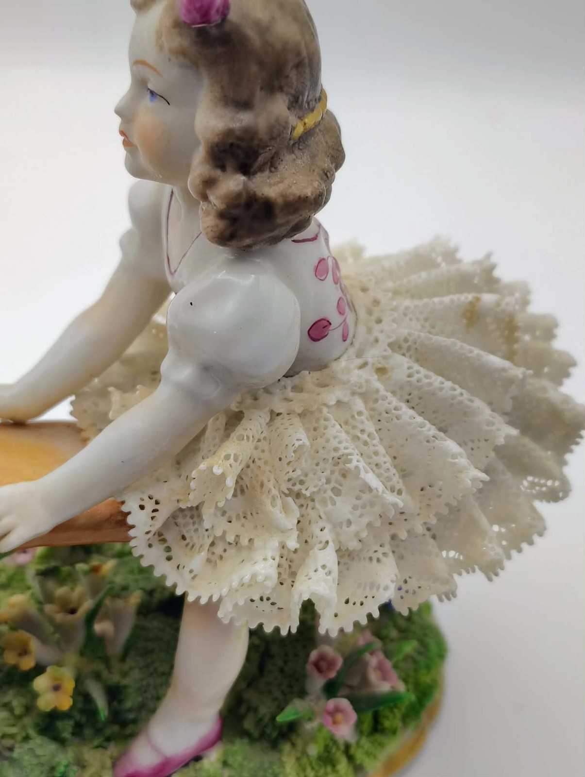 Antique 1850’s German Dresden Lace Sitzendorf Porcelain Girls on Seesaw Figurine