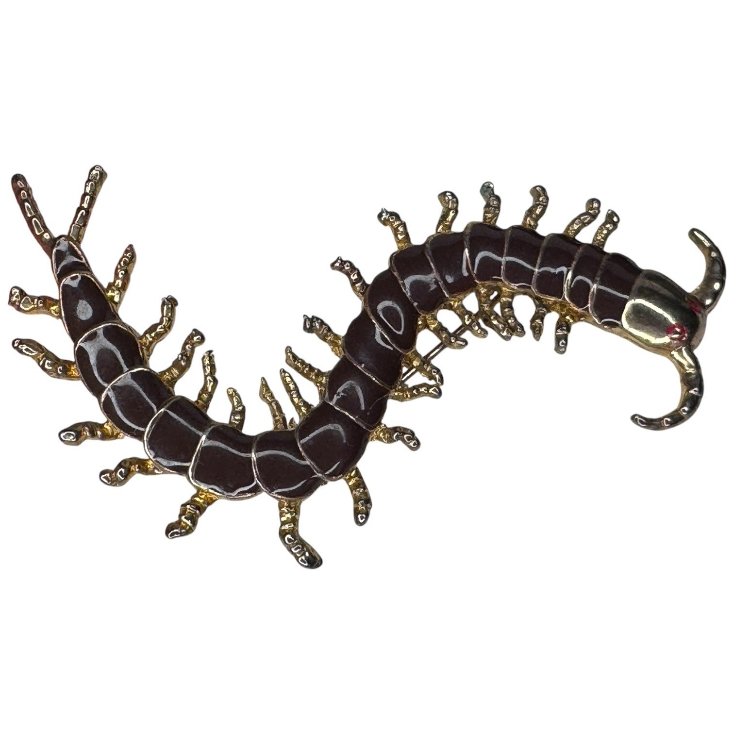 Enameled Centipede Medium Brown With Gold Metal Brooch Pin Anthropoid Chilopoda