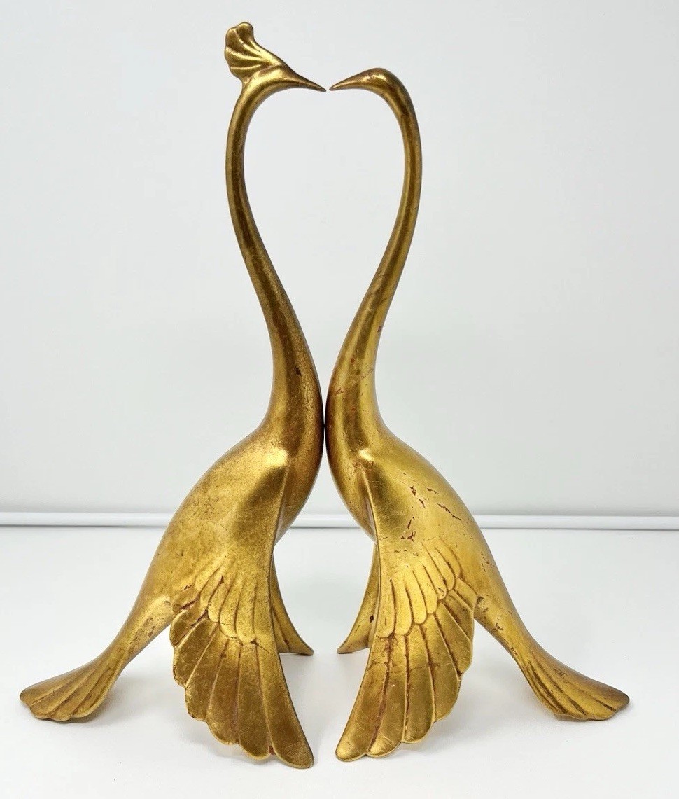 Vintage Pair Mid Century Signed Anthony Freeman Peacock Crane Paint Chipping