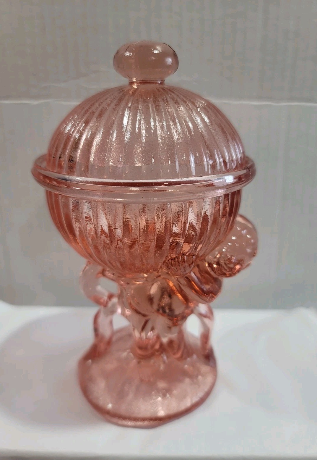 Vintage Selenium Glass Cherub Boy Holding Fluted Globe Lidded Candy Jar 6.25″ H
