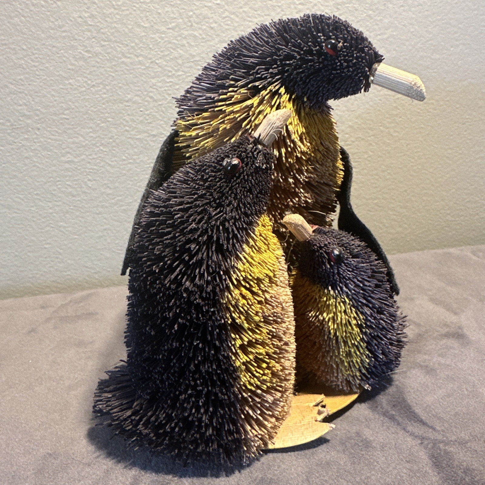 Bristle Brush Penguin Family With 3 Birds Figurine Winter Arctic Decor 5.5″ Tall