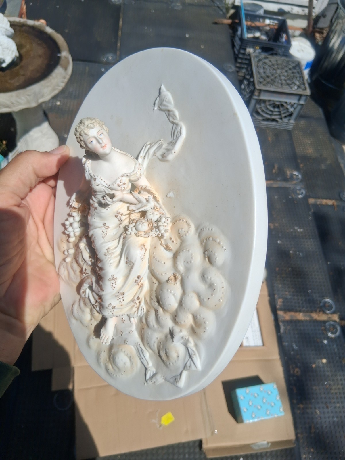 Porcelain Bisque 3D Wall Plaque. Handpainted Lady With Pearl/Stone Inlays. 9″x7″