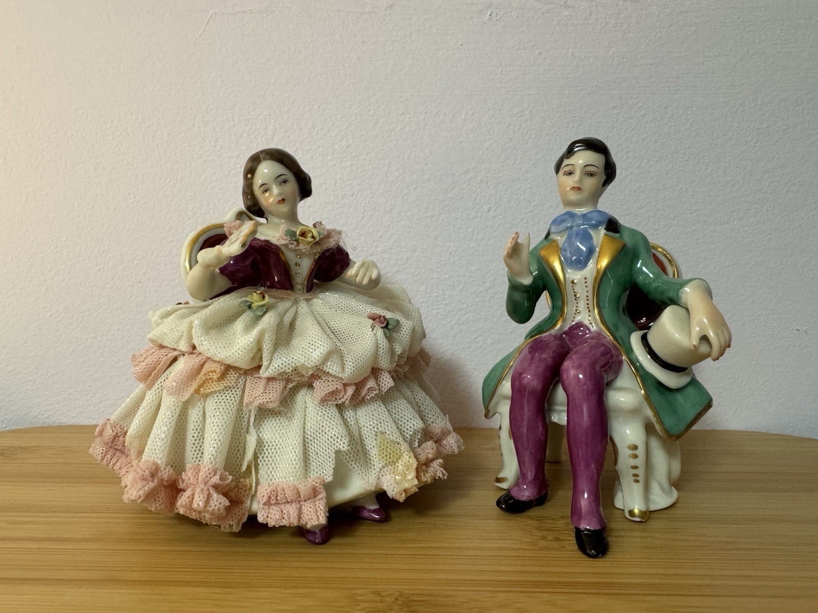 Antique German Dresden Porcelain Lace Couple Small Sizes Figurines Set Of 2