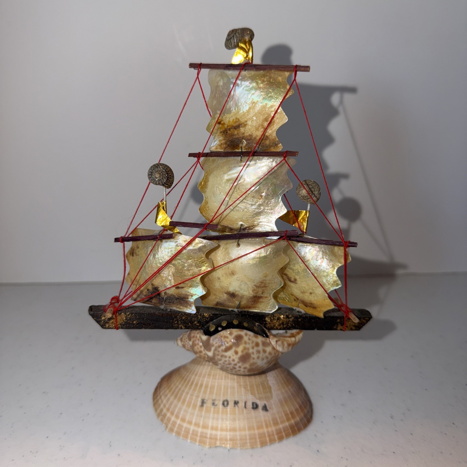 Vintage Handmade Seashell Nautical Sailing Ship Boat Souvenir Florida