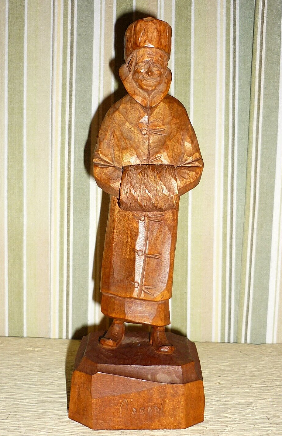 Antique PAUL CARON Canada Folk Art wood carving ‘ Man in Long Coat & Fur Muff ‘