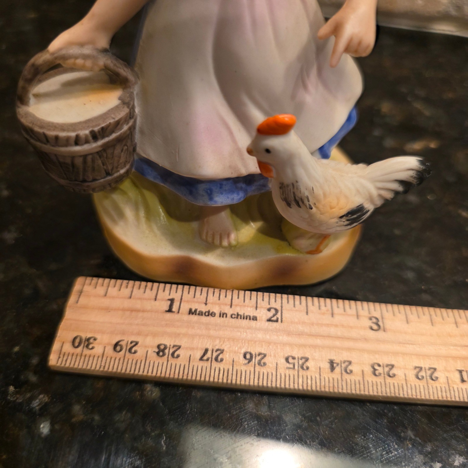 Vintage Porcelain Blond Girl Figurine Rooster Bucket Farmhouse Decor 5 Inch