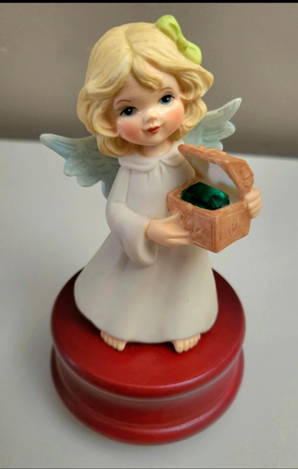 May Birthstone 5″ Porcelain Angel Wood Musical Figurine Plays “Happy Birthday”