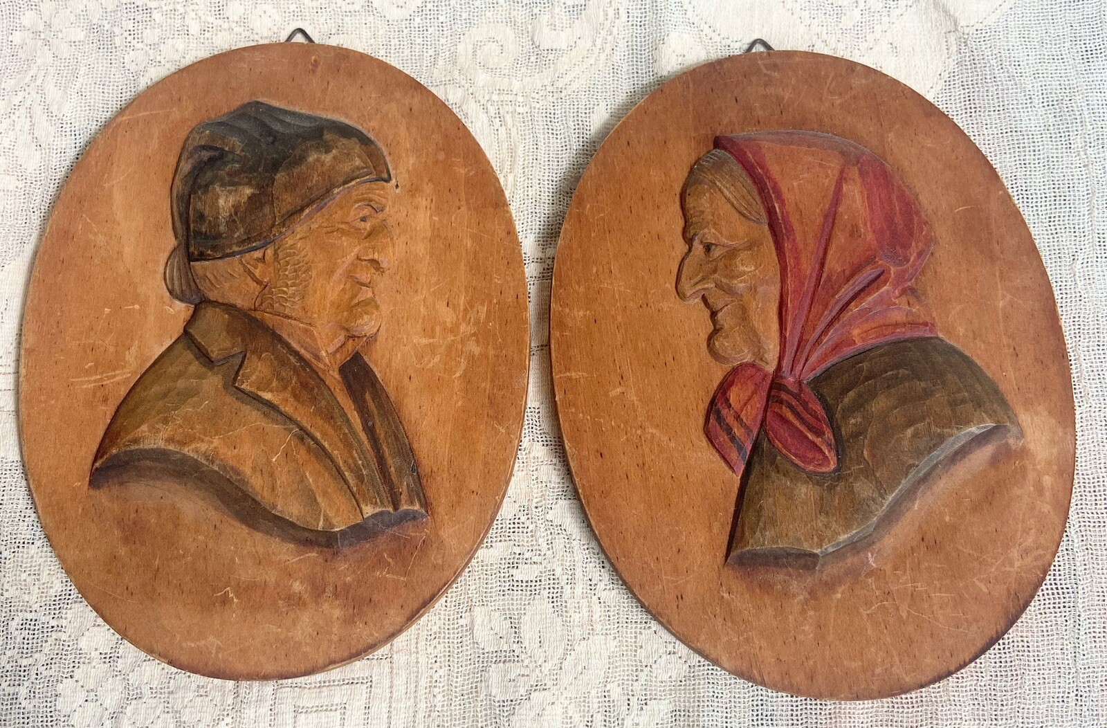 1950’s Hand Carved Wood Bust Portrait Wall Hangings Old Man & Woman Switzerland