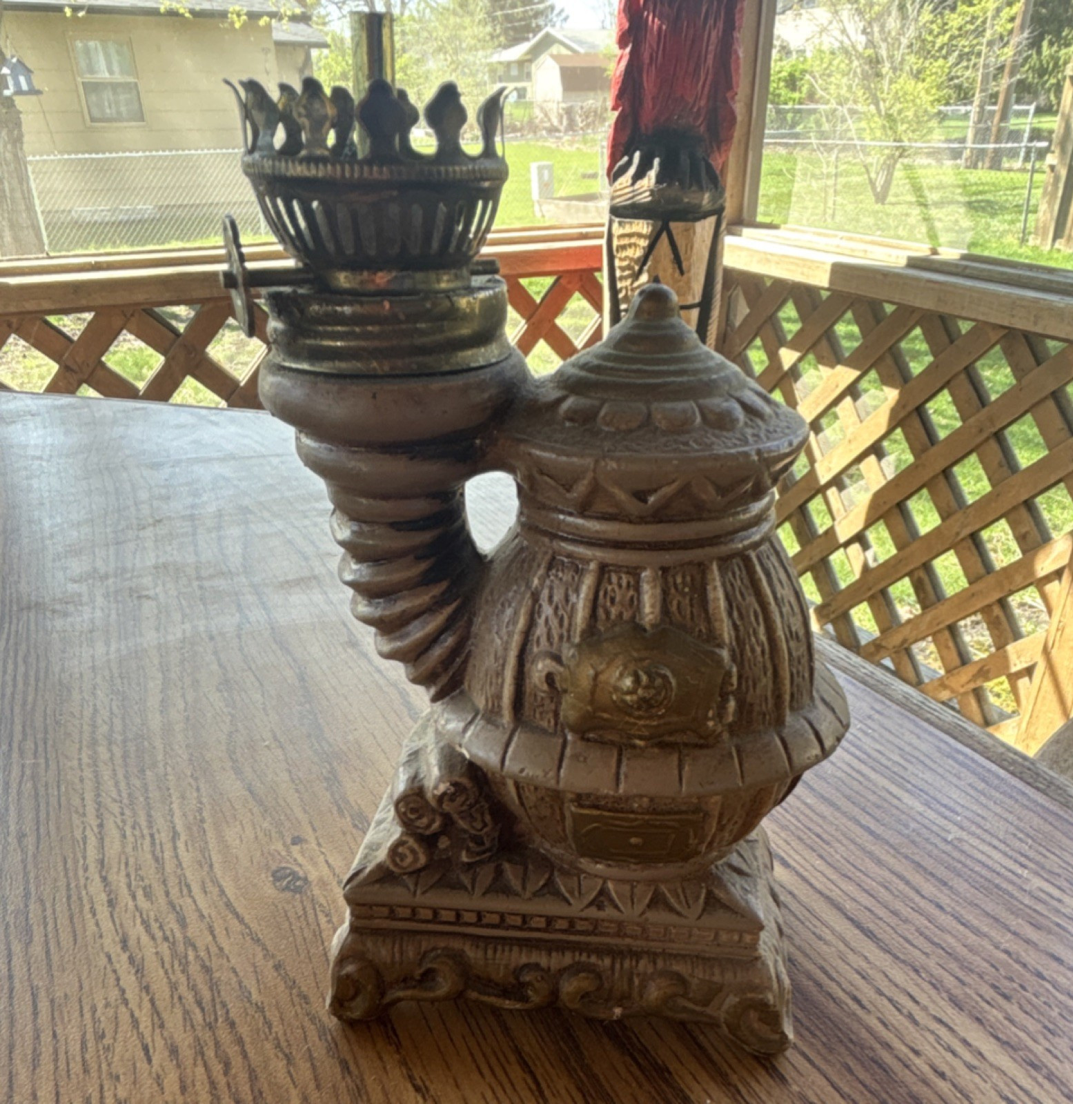 Made in Japan Antique Ceramic Stove Figurine Brown Gold Ornate Sculpture