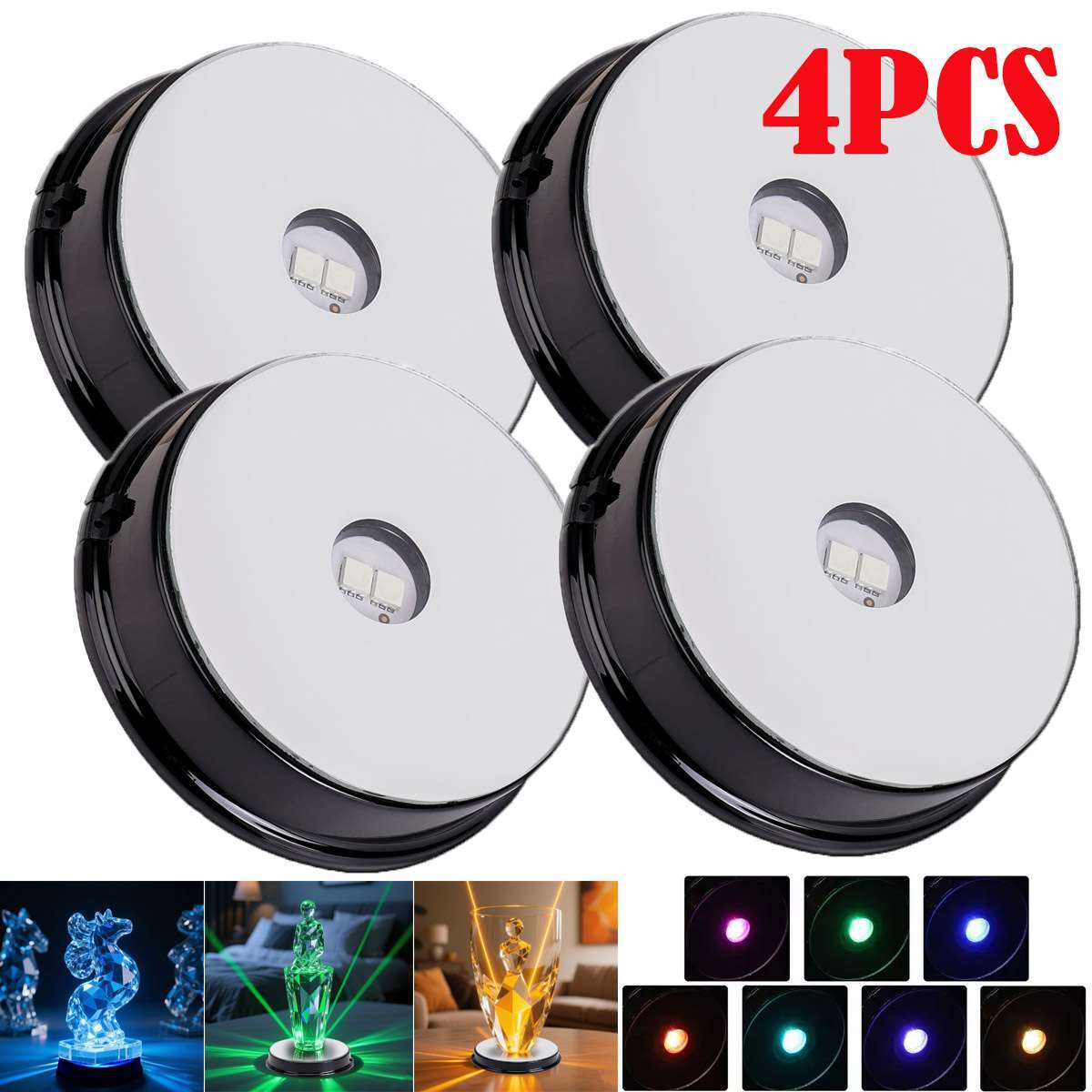 4PCS LED Light Display Base Stand 7 Color Lamp Holder Crystal Glass Art Figurinm