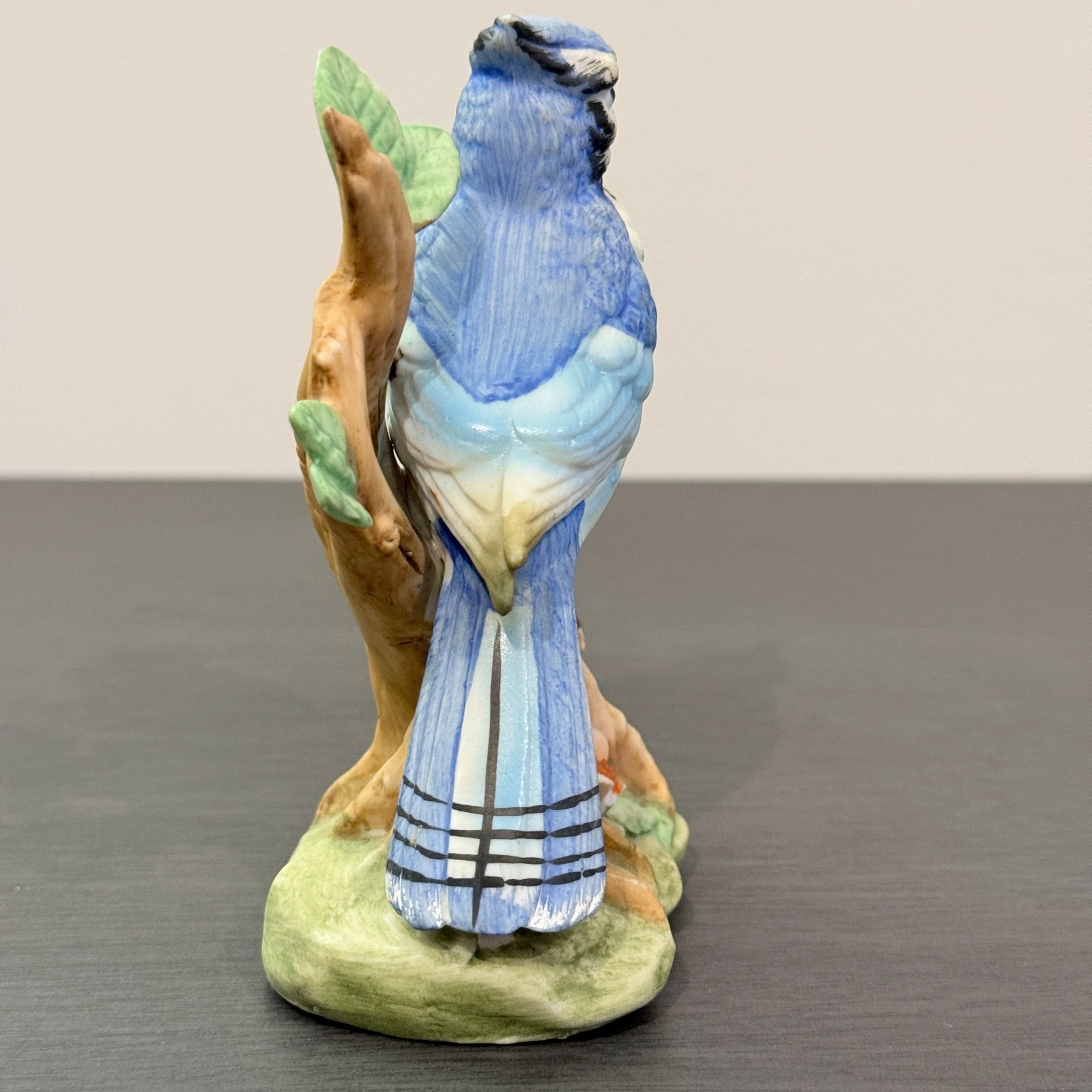 Vintage Blue Jay Porcelain/Ceramic Figurine on Tree Stump w/ Flower