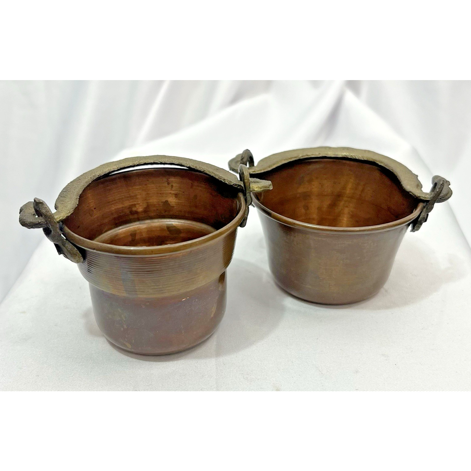 2 Vintage Copper Bucket Pail Rivet Brass Handle Tapered Miniature 1.5-1.75 tall