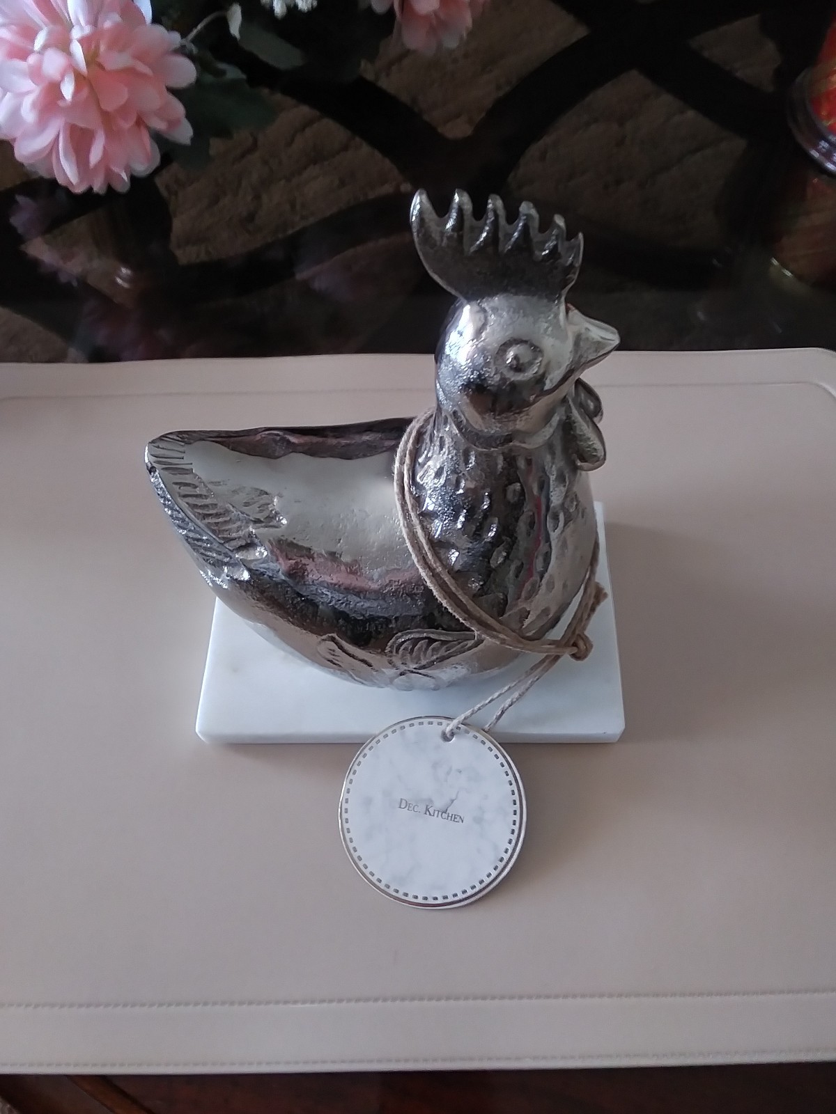 NEW 8″ SILVER TONE METAL ROOSTER FIGURINE on MARBLE BASE DEC. KITCHEN INDIA