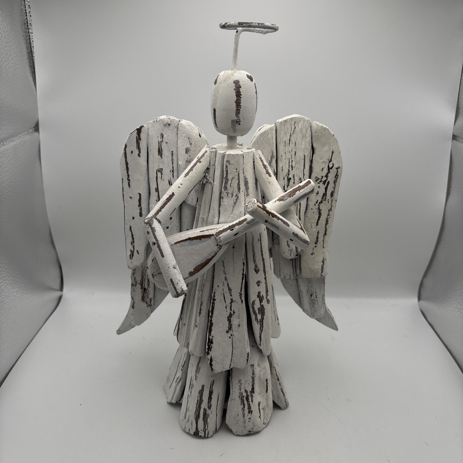 White Driftwood Angel W/Halo Playing Instrument Freestanding Figurine 11”