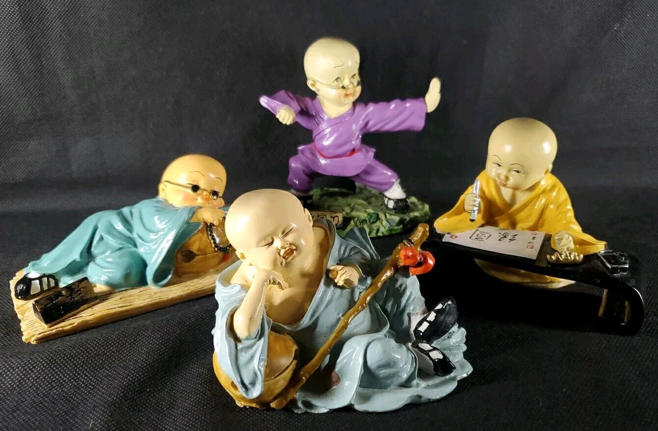 Buddha Shaolin Monk Baby 4.5″ Resin Figures Sleep Fight Write Kung Fu Set Lot **