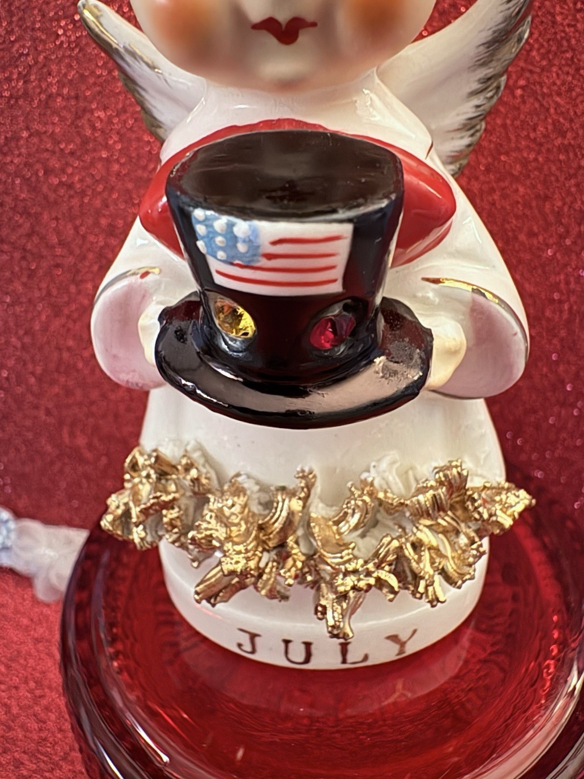 Vtg Arnart 4th Of July Kewpie Angel W/ Rhinestone & Flag Top Hat Figurine Japan