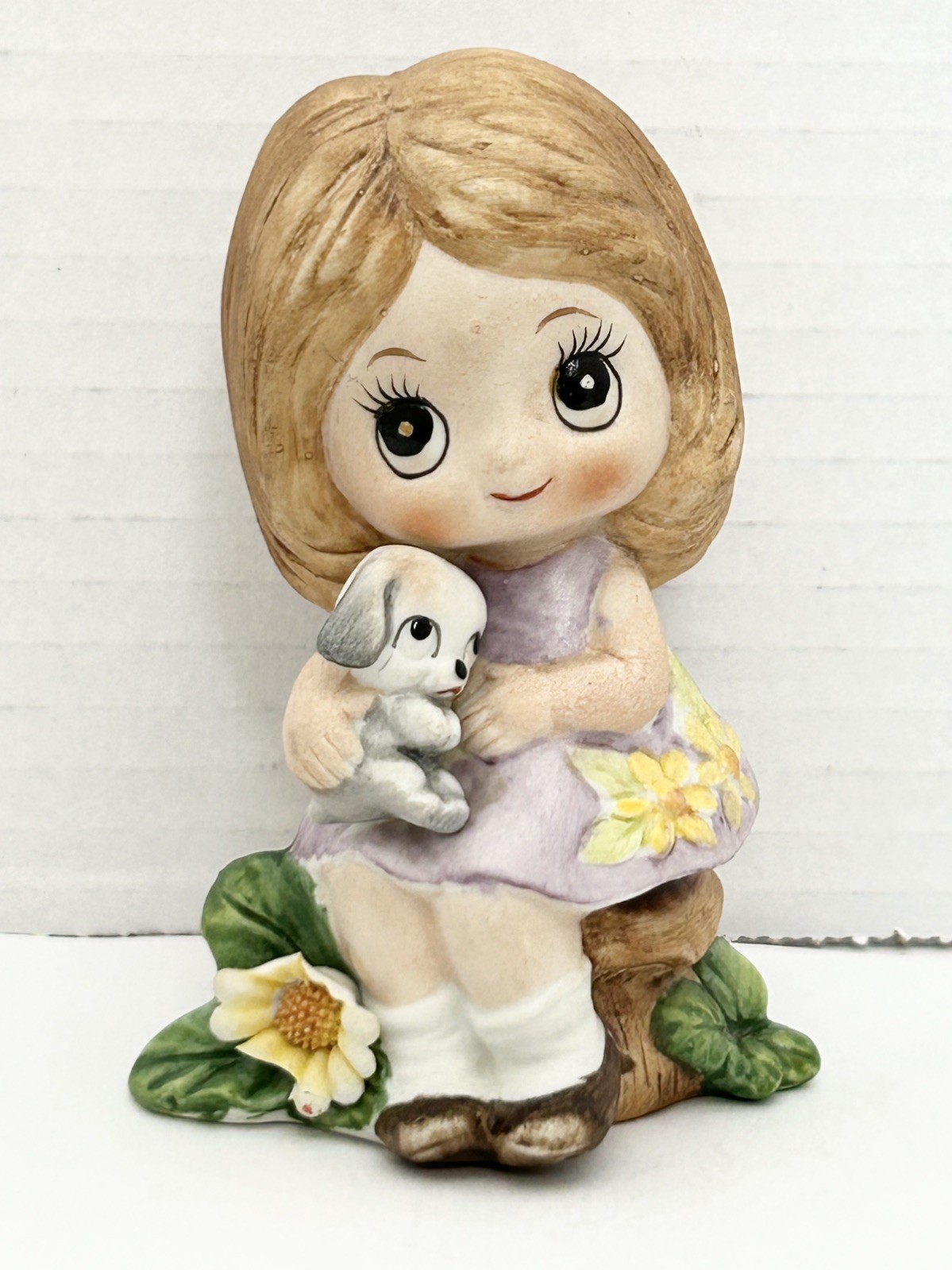 Josef Originals Color Me Series Figurine Girl w/ puppy dog chipped flower petals