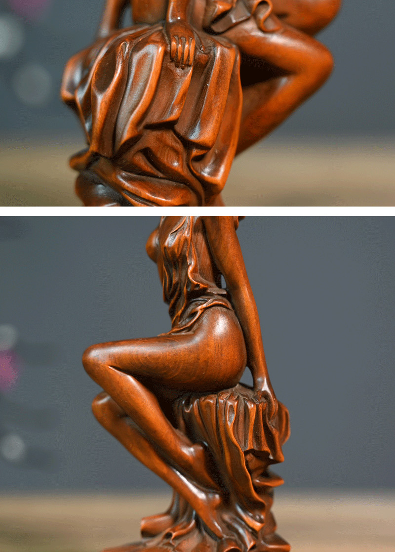 Chinese Boxwood Wood Carving Sexy Beautiful Woman Statue Wooden Sculpture Decor
