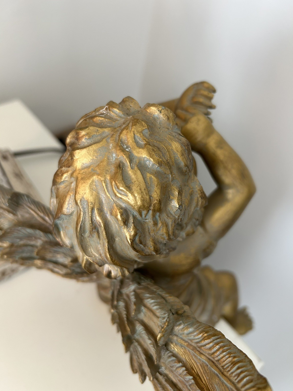 Gold Heavy Resin Trumpeting Sitting Cherub Angel w/Wings Renaissance Sculpture