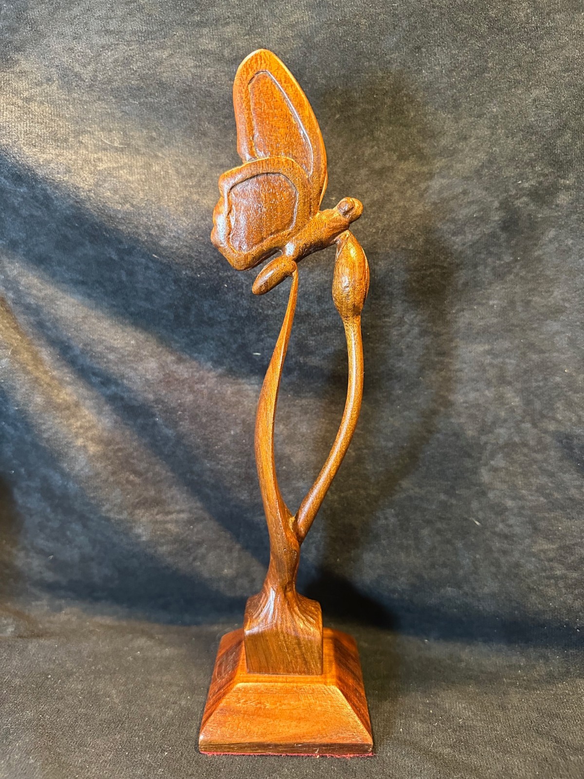 Vintage Unique Hand Carved Folk Art Wood Butterfly on Flower Sculpture 10.5 in.