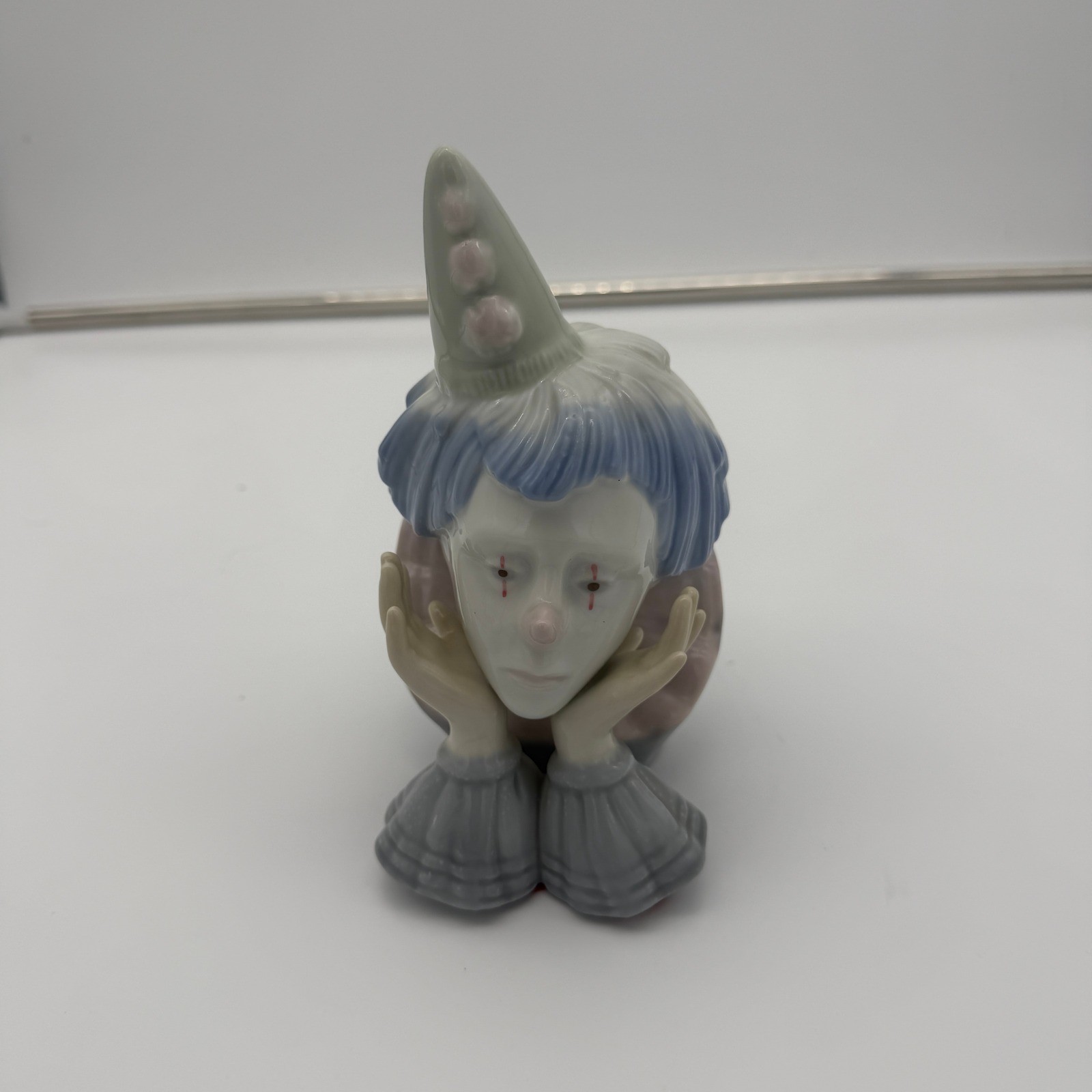 Meico Inc Handcrafted Porcelain Clown Figurine Muted Blue Grey Pink Glossy 5.5″